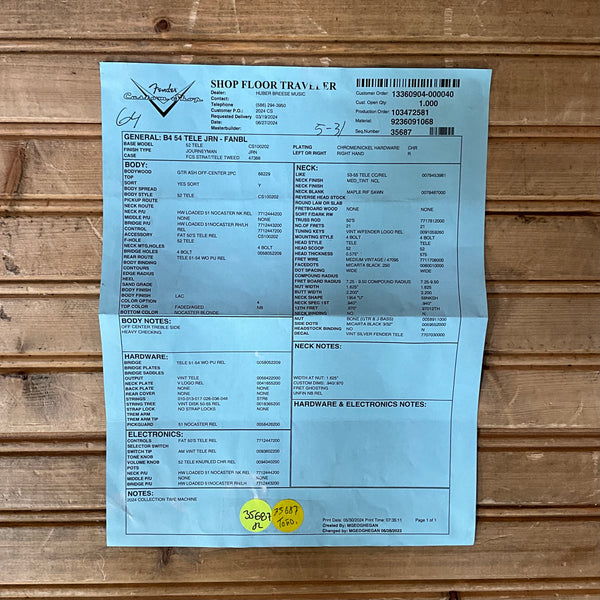 Fender Custom Shop 1954 Telecaster Electric Guitar - Aged Nocaster Blonde