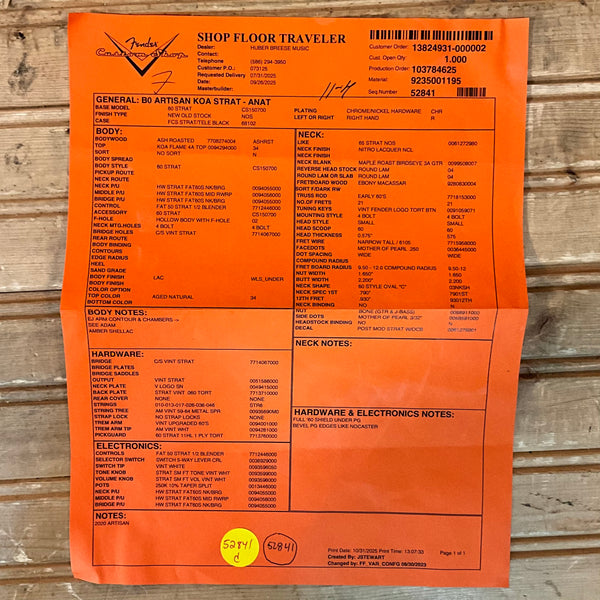 Fender Custom Shop B2 Artisian Koa Stratocaster Electric Guitar - Natural