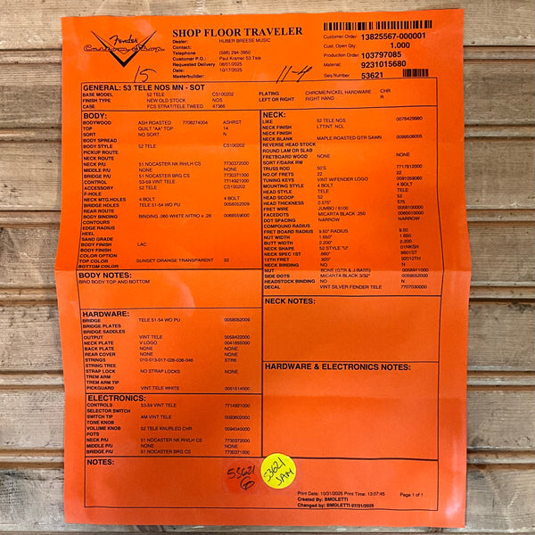 Fender Custom Shop 1953 Telecaster Electric Guitar - Sunset Orange Transparent