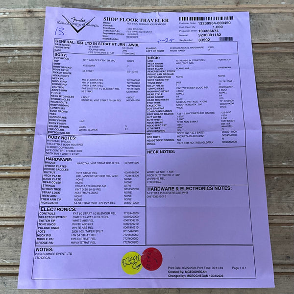 Fender Custom Shop LTD 1954 Stratocaster Hardtail Journeyman Relic Electric Guitar - Aged White Blonde