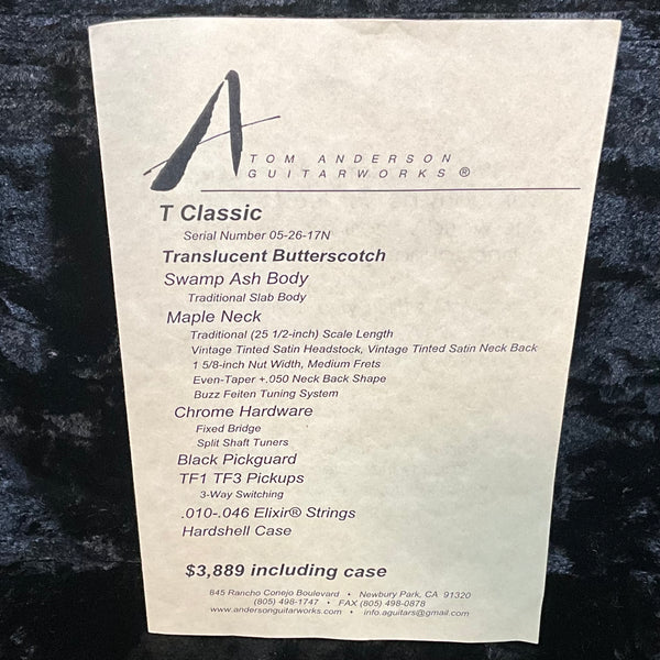 Tom Anderson 2017 T Classic Electric Guitar (USED) - Translucent Butterscotch