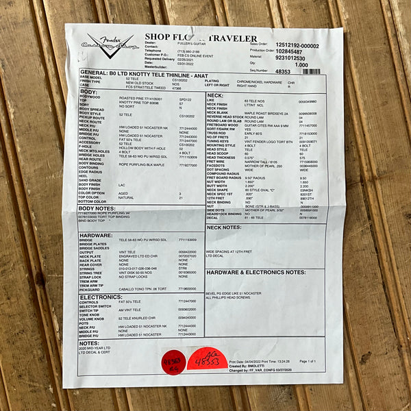 Fender Custom Shop Artisan Knotty Pine Telecaster Thinline - Aged Natural