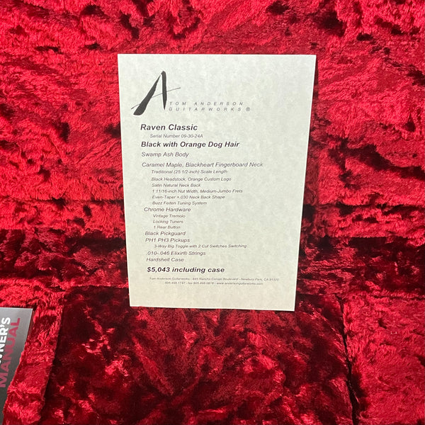 Tom Anderson Raven Classic Electric Guitar - Black with Orange Dog Hair