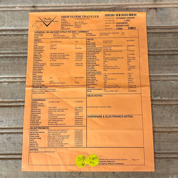 Fender Custom Shop American Custom Stratocaster Electric Guitar - Amber Natural