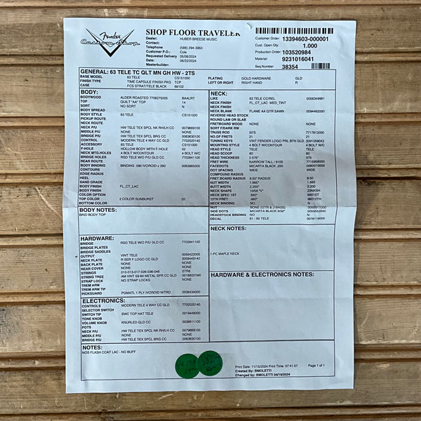 Fender Custom Shop 1963 Telecaster Thinline Time Capsule Quilted Top Electric Guitar - 2-Color Sunburst