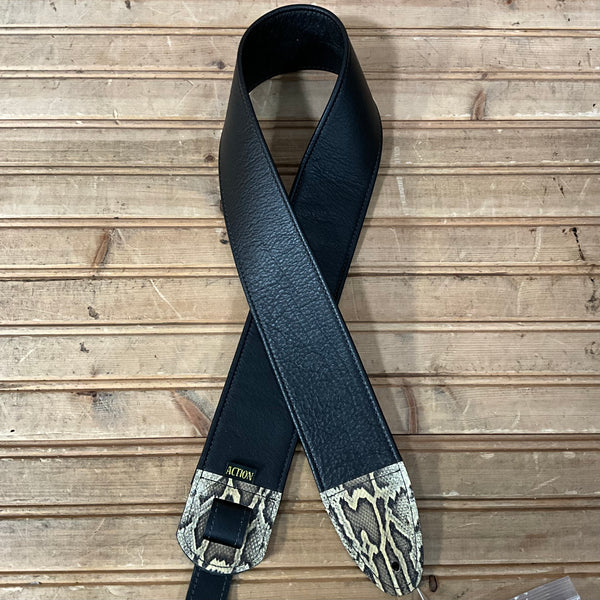 Action Custom Straps Custom Limited Edition Simply Classy Black with Vintage Python Ends Guitar Strap