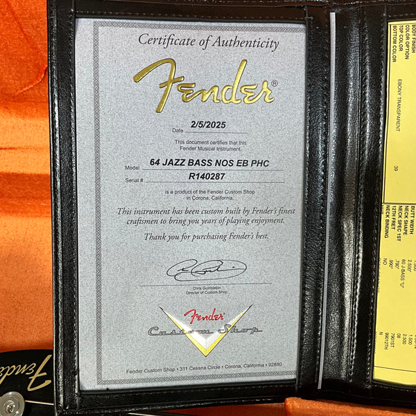 Fender Custom Shop 1964 Jazz Electric Bass NOS Guitar - Ebony Transparent w/Painted Headcap