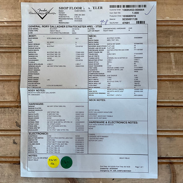 Fender Custom Shop Rory Gallagher Signature Relic Stratocaster Electric Guitar - 3 Color Sunburst