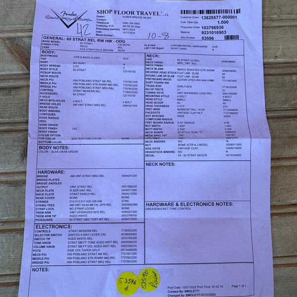 Fender Custom Shop 1960 Stratocaster Relic Electric Guitar - Olive Drab Green