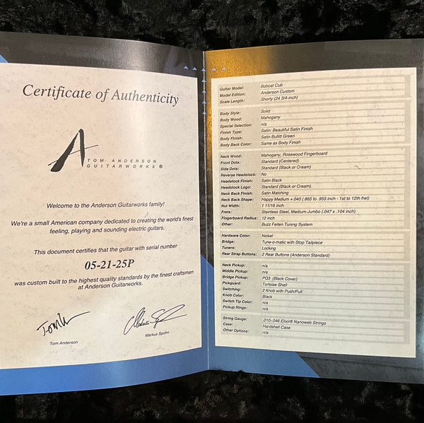 Tom Anderson Bobcat Cub Electric Guitar - Satin Bullitt Green